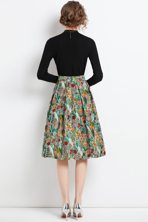Chic & Elegant Fall 2-Pc Mock Neck Knitted Top + Floral Skirt, Office, Evening Dress